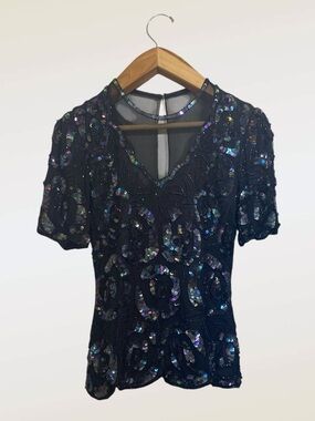Vintage Laurence Kazar Hand Beaded Iridescent Silk Blouse Size Small